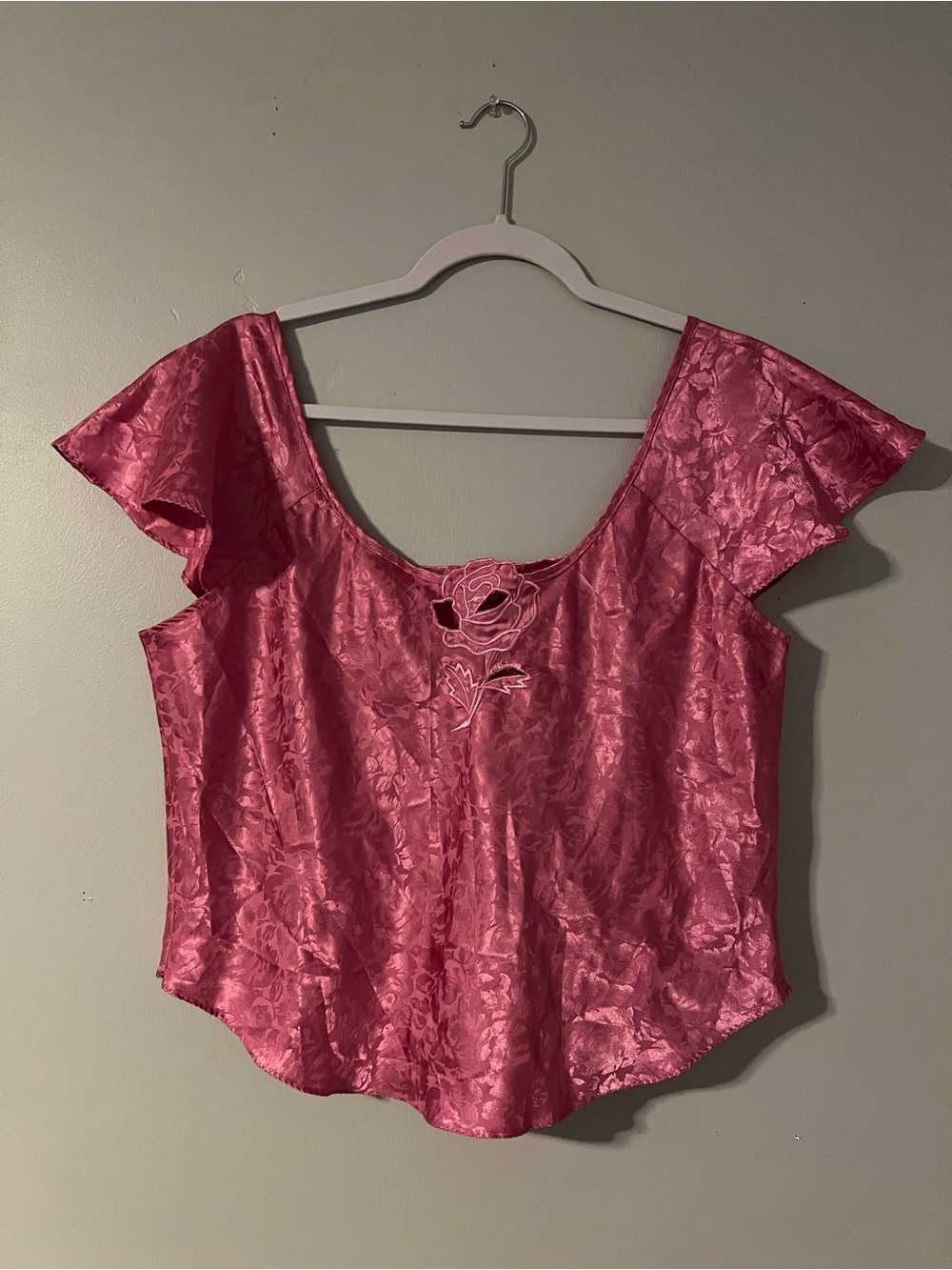 Feminine Pink Floral Satin Scoop Neck Blouse